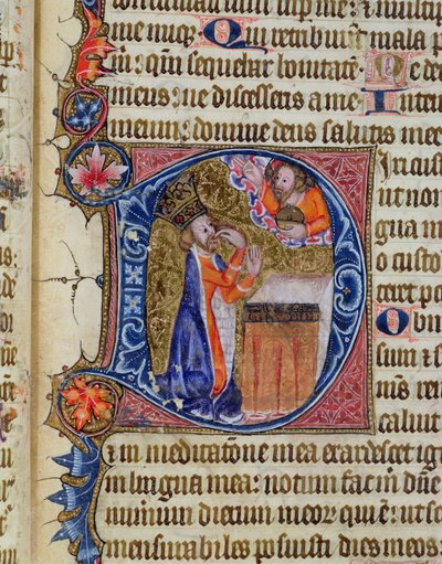 Ms 26 f.22r. Salme 38, David peger på sin mund, fra Ramsey Abbey Psalter, ca. 1380 af English School