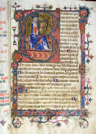 Fru 26 fol.7r. Salme 1, David harping, fra Ramsey Abbey Psalter, c.1380 af English School