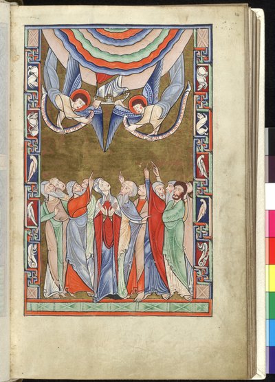 Ms Hunter 229 f.14r The Ascension, fra Hunterian Psalter, c.1170 (pen & blæk og tempera på vellum) af English School