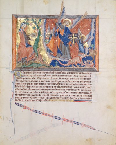 Ms L.A. 139-Lisboa fol.30 Kvinden gemt i ørkenen, mens ærkeenglen Michael kæmper mod dragen i himlen, fra Gulbenkian Apocalypse, ca. 1265-70 af English School