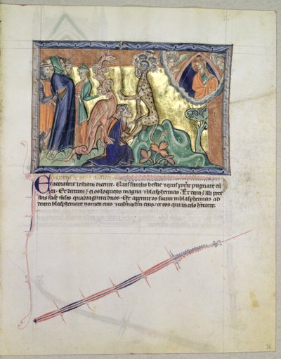 Ms L.A. 139-Lisboa fol.36 Herren ser på folket tilbede havets dyr i nærværelse af den røde drage, fra Gulbenkian Apocalypse, ca. 1265-70 af English School