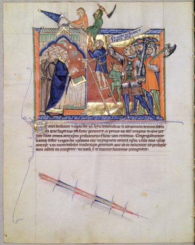 Ms L.A. 139-Lisboa fol.66 The Divine Warrior leder en hær mod dem, der angriber de troende, fra Gulbenkian Apocalypse, ca. 1265-70 af English School