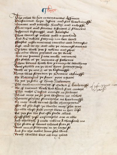 Ms. New Coll 314, f19r, The Canterbury Tales af Geoffrey Chaucer (pen og blæk på pergament) af English School