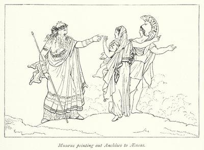 Musaeus peger på Anchises til Aeneas (litho) af English School