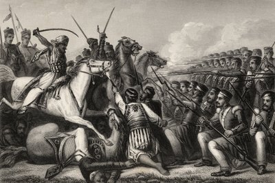 Mutineres kavaleri angriber en infanterikæde i slaget ved Cawnpore i 1857, fra "The History of the Indian Mutiny", udgivet i 1858 af English School