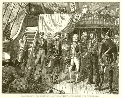 Nelson modtog sværdene om bord på San Josef i slaget ved St. Vincent, 1797 af English School