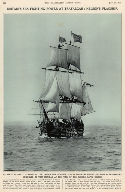 Nelsons Victory: en model af det 100-kanoners skib, hvori han kæmpede og døde ved Trafalgar, fra The Illustrated London News Royal Naval and Military Review Number, 20. juli 1935 af English School