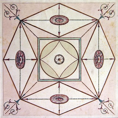 Neo-klassisk loftdesign, Ugbrooke Park, Devon, ca. 1770 (akvarel på papir) af English School