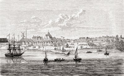 New Amsterdam, en hollandsk bosættelse fra det 17. århundrede på sydspidsen af Manhattan Island, Amerika, fra Ward and Lock