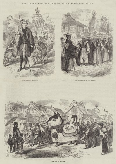 Nytårsfestivalprocession i Yokohama, Japan (gravering) af English School