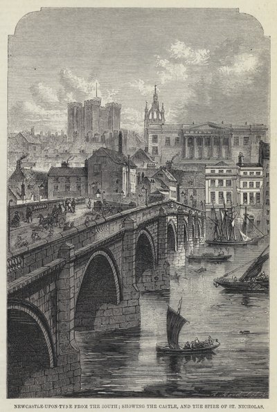 Newcastle-upon-Tyne fra syd, der viser slottet og St Nicholas Spire (gravering) af English School