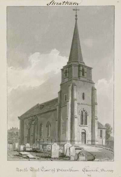 Nordvestudsigt over Streatham Church, Surrey (wc på papir) af English School