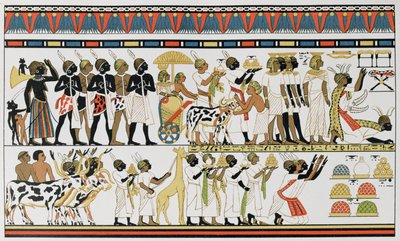 Nubiske høvdinge bringer gaver til kongen af Egypten, kopi af et oldægyptisk vægmaleri fra en grav i Theben, ca. 1380 f.Kr., fra The History of Mankind, bind III, af prof. Friedrich Ratzel, 1898 af English School