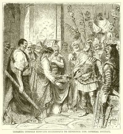 Odoaker tvinger Romulus Augustulus til at give afkald på den kejserlige værdighed af English School