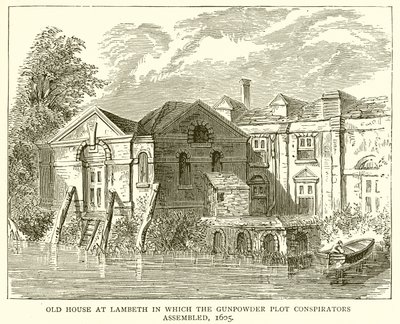 Gammelt hus ved Lambeth, hvor krudtkomplotterne samledes, 1605 af English School