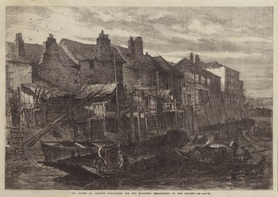 Gamle huse ved Lambeth revet ned til Themsens sydlige dæmning (gravering) af English School