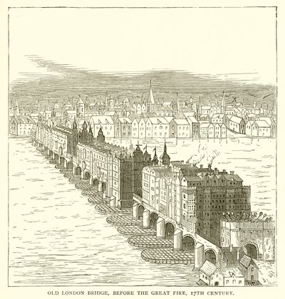 Old London Bridge, før den store brand, 17. århundrede af English School