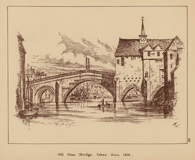 Den gamle Ouse-bro, taget ned i 1809 (litografi) af English School