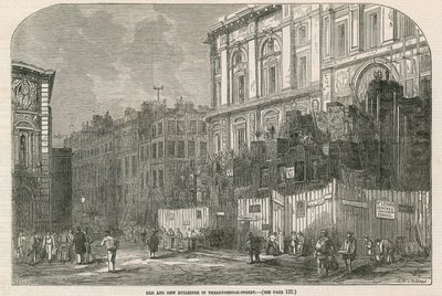 Gamle og nye bygninger i Threadneedle Street, London af English School