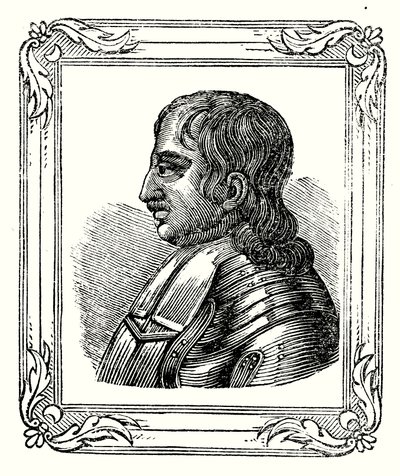 Oliver Cromwell blev født i 1599, blev til Protector i 1653 og døde i 1658 (gravering) af English School