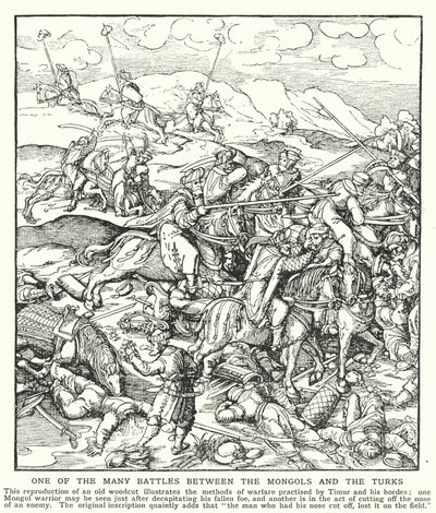 En af de mange kampe mellem mongolerne og tyrkerne (litho) af English School