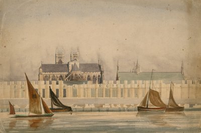 Original akvareltegning af Houses of Parliament, der bygges omkring 1842 (wc på papir) af English School