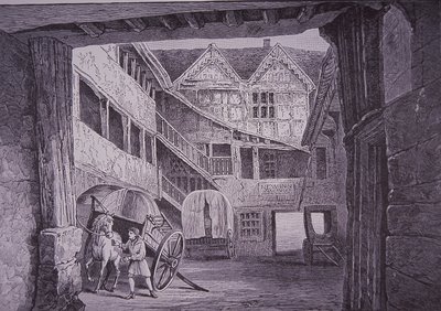 Ostler tilstede hest i gården til New Inn, Gloucester (trægravering) af English School