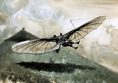 Otto Lilienthal foretog over 1.000 flyvninger i sit primitive svævefly (gouache på papir) af English School