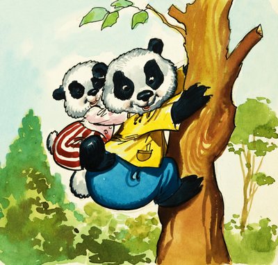 Pandaer klatrer i et træ af English School