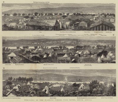 Panorama over diamantfelterne, Vaal-floden, Sydafrika (gravering) af English School