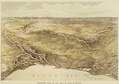 Panoramabillede af krigens centrum i Europa (farvelitografi) af English School
