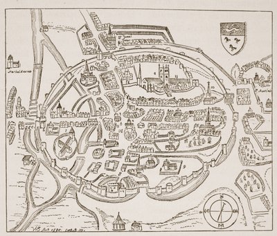 Panoramaudsigt over Canterbury i det sekstende århundrede, illustration fra The Church of England: A History for the People af H.D.M. Spence-Jones, pub. ca. 1910 (sepiafoto) af English School