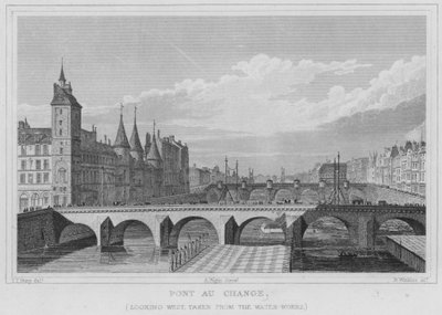 Paris, Pont Au Change, mod vest, taget fra vandværket (gravering) af English School