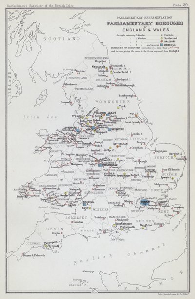 Parlamentarisk repræsentation, parlamentariske bydele i England og Wales (farvelitografi) af English School