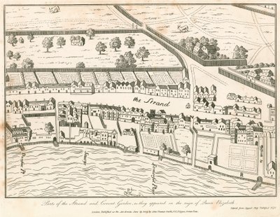 En del af The Strand og Covent Garden, London, som de optrådte under dronning Elizabeths regeringstid af English School