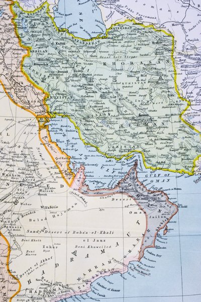 Delvist kort over Mellemøsten med det Røde Hav, Den Persiske Golf og Afrikas Horn i 1890