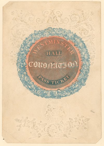 Passbillet til The Grand Coronation Banquet of King George IV i Westminster Hall, 17. juli 1821 af English School