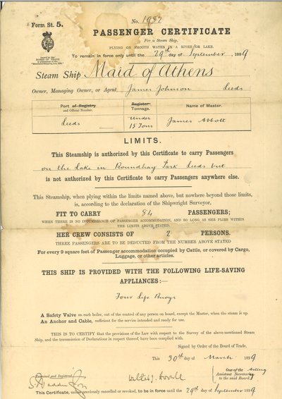 Passagercertifikat for dampskibet The Maid of Athens af English School