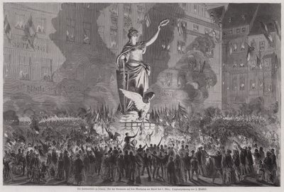 Fredsfejring foran statuen af Germania på markedspladsen i Leipzig, Tyskland, om aftenen den 5. marts 1870 (gravering) af English School