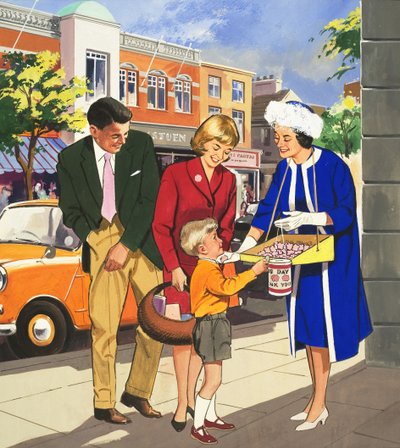 Personer, du ser: Flagsælgeren (gouache på papir) af English School