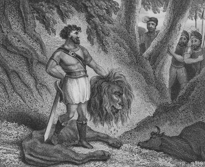 Pepin the Short, King of the Franks, proving his stature is no impediment on his ability to rule by killing a liondani af English School