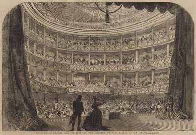 Optræden foran Hendes Majestæt i Theatre of the Palace of St Cloud (gravering) af English School