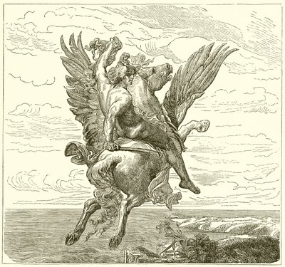 Perseus på den bevingede hest Pegasus, med Medusas hoved af English School