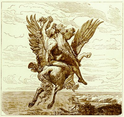 Perseus på den bevingede hest Pegasus, med Medusas hoved, illustration fra The Illustrated History of the World, udgivet ca. 1880 (digitalt forbedret billede) af English School