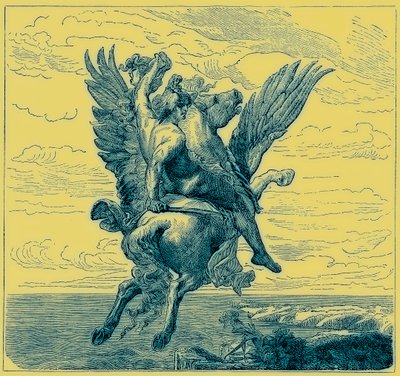Perseus på den bevingede hest Pegasus, med Medusas hoved, illustration fra 