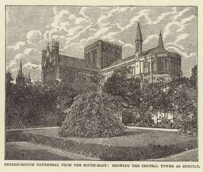 Peterborough Cathedral fra sydøst, der viser Central Tower som genopbygget af English School