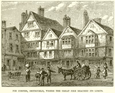 Pie Corner, Smithfield, hvor den store brand nåede sine grænser af English School