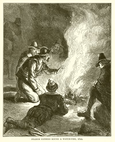 Pilgrimsfædre runder en vagtbål, 1620 af English School