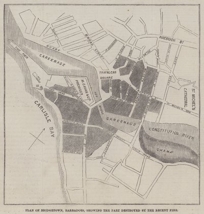 Plan over Bridgetown, Barbadoes, der viser delen ødelagt af den seneste brand (gravering) af English School