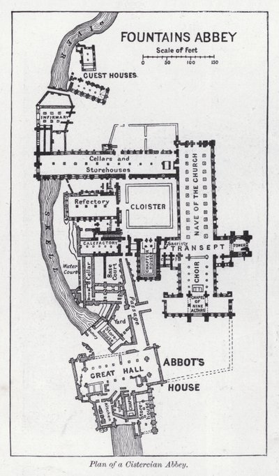 Plan over et cistercienserkloster (litho) af English School